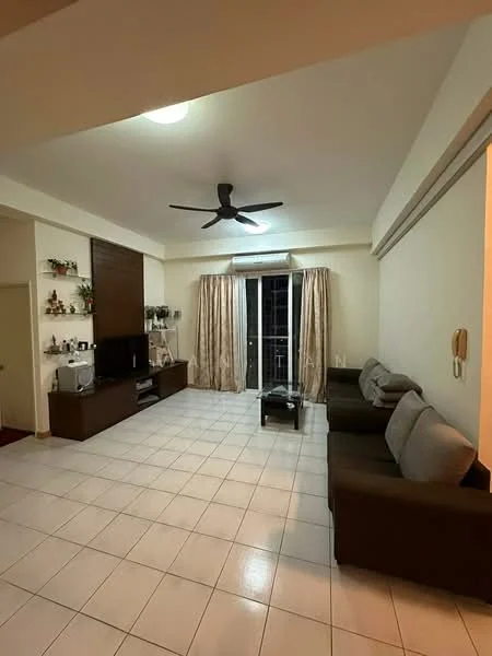 Living features: light-colored painted walls, white ceiling, 5-blade ceiling fan with light, floor-to-ceiling windows, sheer curtains, brown fabric sofa, coffee table, TV console, wall-mounted TV, decorative shelving unit, tile flooring; style: modern; view: city.