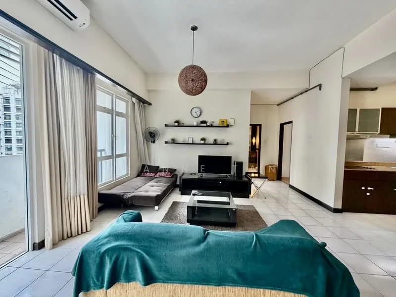 Living features: floor-to-ceiling windows, beige walls, white ceiling, 5-blade ceiling fan, recessed downlights, dark wood shelving unit, black coffee table, brown area rug, sofa with green throw, two-seater fabric sofa, decorative wall clock, wall-mounted fan, curtains, open layout to kitchen, sliding glass door to balcony; style: modern; view: city.