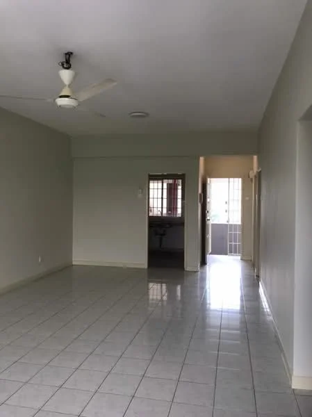 Living features: white painted walls, glossy ceramic tile flooring, 5-blade ceiling fan, large window with grid pattern, doorway leading to kitchen, doorway leading to balcony, neutral color scheme, open layout.