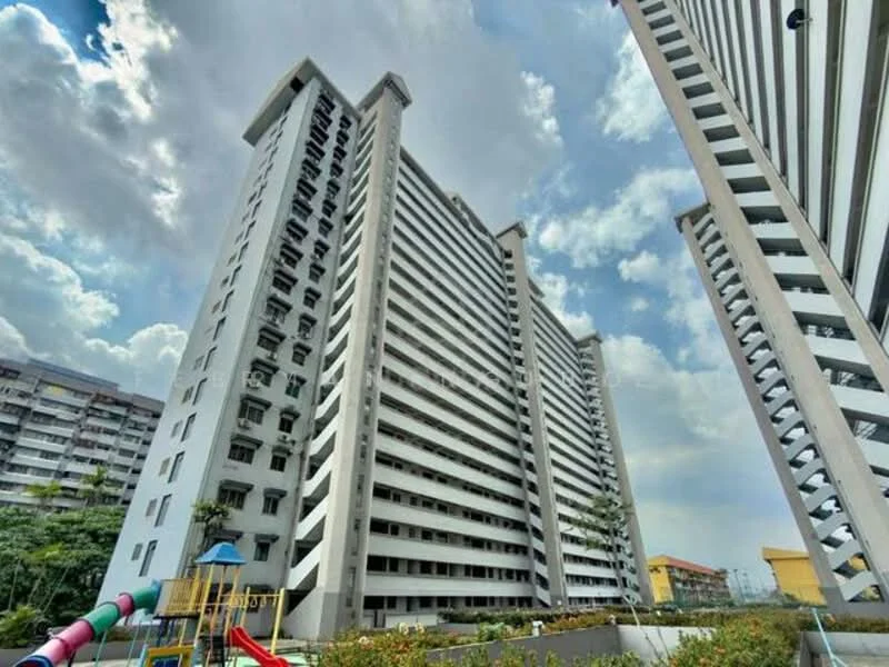 Exterior type: high-rise condominium; features: white painted facade, balconies on each floor, approximately 10-storey high-rise, surrounded by greenery, playground visible in foreground, concrete structure, large windows, modern architectural design; style: modern.