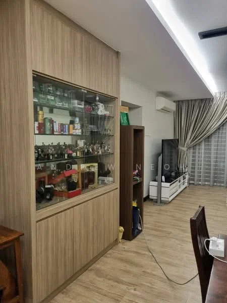 Living features: wooden flooring, light wood panelled feature wall, glass display cabinet, built-in shelving, wall-mounted TV, curtains, air conditioning unit, recessed lighting, dining table, decorative items on shelves; style: modern.