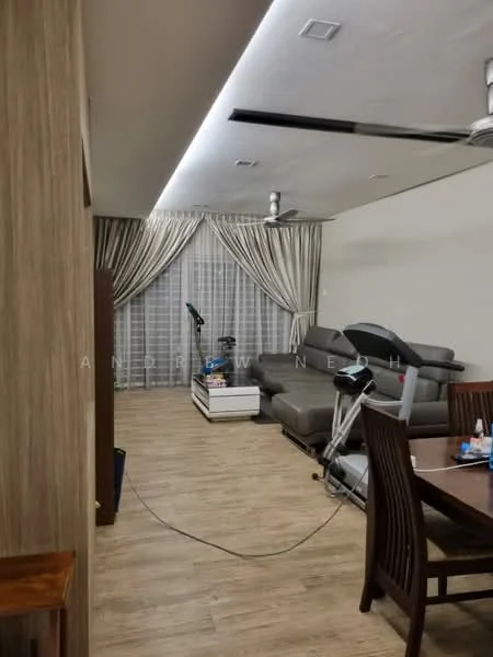 Living features: laminate flooring, grey fabric sectional sofa, coffee table, dining table with chairs, 5-blade ceiling fan, recessed downlights, curtains with vertical stripes, large window with sheer curtains, exercise equipment, decorative wall paneling; style: modern.