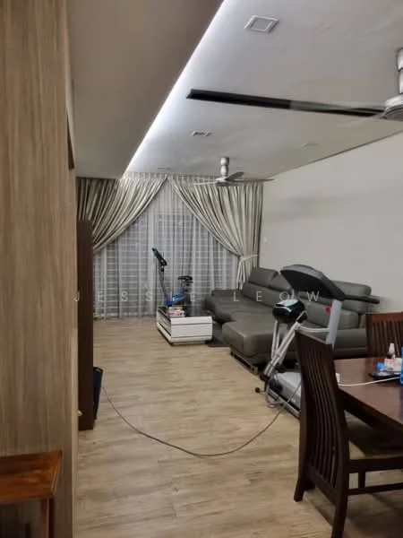 Living features: laminate flooring, grey fabric sectional sofa, coffee table, dining table with chairs, 5-blade ceiling fan, recessed downlights, curtains with vertical stripes, exercise equipment, wall-mounted mirror, decorative wall paneling; style: modern.