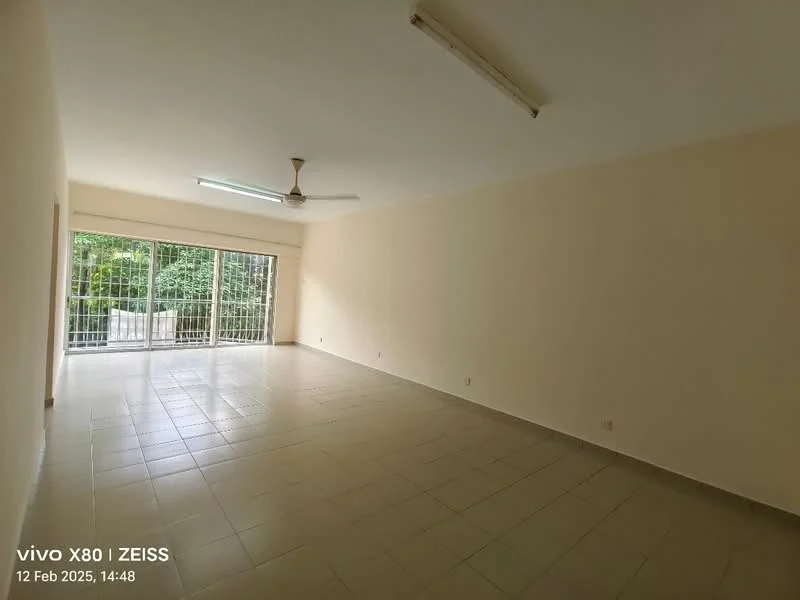 Living features: cream painted walls, tile flooring, 5-blade ceiling fan, floor-to-ceiling windows, sliding glass door, natural light from windows, view of greenery, recessed lighting; view: garden.