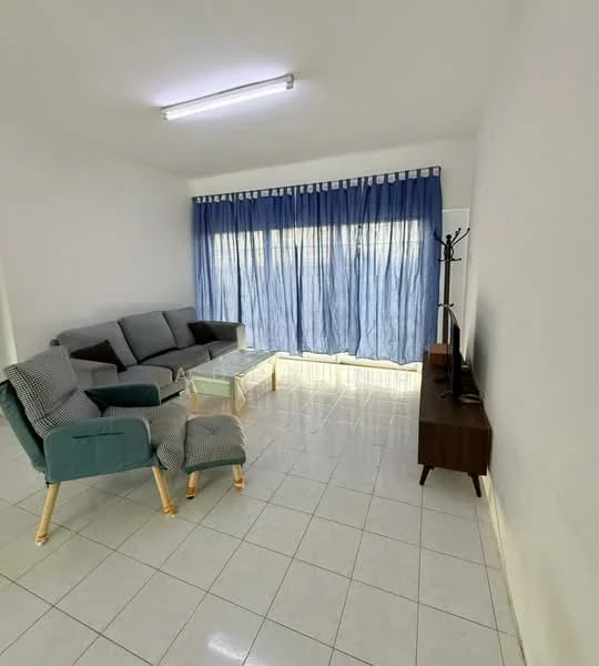 Living features: grey fabric sofa, glass coffee table, wooden TV console, wall-mounted TV, white painted walls, glossy tile flooring, blue curtains, ceiling lights; style: modern.