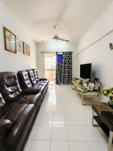 Living features: 3-seater leather sofa in brown, floor-to-ceiling windows, white walls, glossy tile flooring, ceiling fan, TV console, wall-mounted TV, decorative wall art, curtains with geometric pattern, glass coffee table, decorative flowers in vase; style: modern.