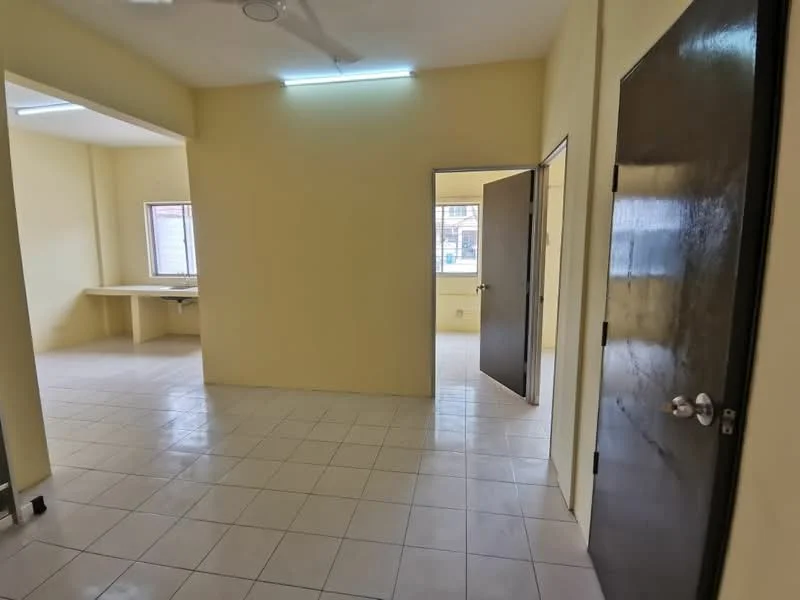 Room features: cream painted walls, white tiled flooring, ceiling fan, door with handle, window with no treatments, open layout, light fixture on ceiling, corner room.