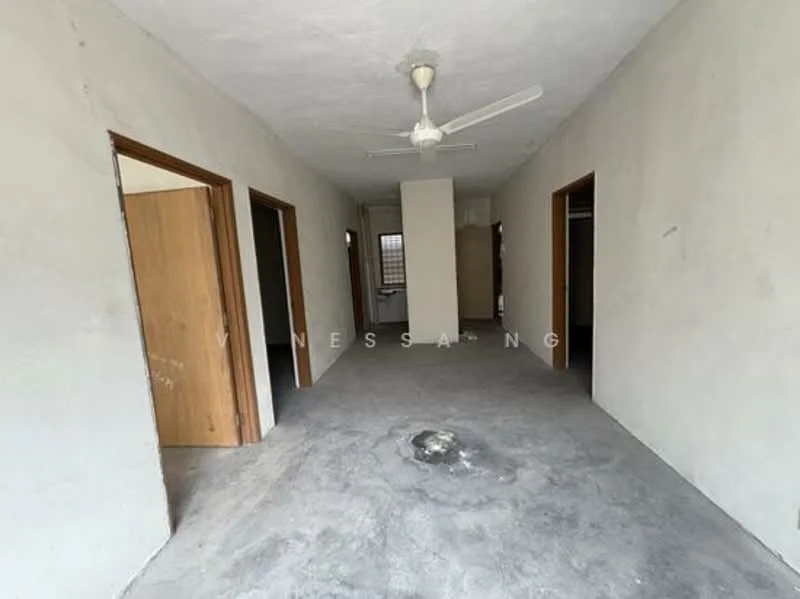 Room features: plain grey walls, unfinished concrete flooring, ceiling fan, door frames visible, multiple doorways, natural light from windows, no visible furnishings, open layout; style: minimalist.