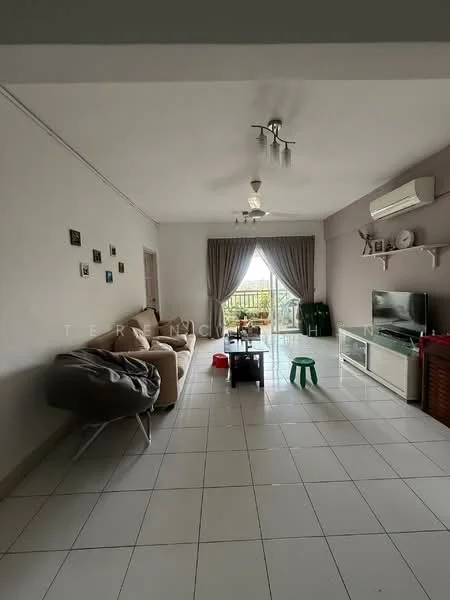 Living features: cream painted walls, white tiled flooring, 5-blade ceiling fan with light, recessed downlights, sofa in beige, coffee table, TV console, wall-mounted TV, curtains, green plastic stool, decorative wall art, sliding glass door, balcony view; style: modern; view: garden.