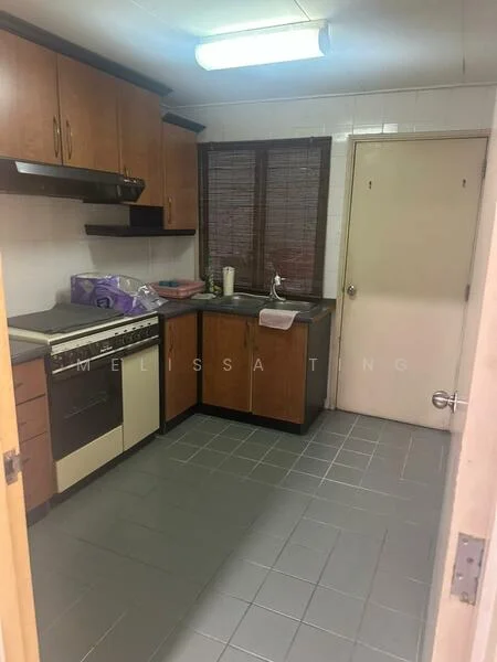 Kitchen features: wood cabinetry in brown, black countertop, stainless-steel sink, chrome faucet, built-in gas stove, exhaust hood, tile backsplash, grey ceramic tile flooring, window with bamboo blinds, refrigerator, wall-mounted light fixture; style: traditional.