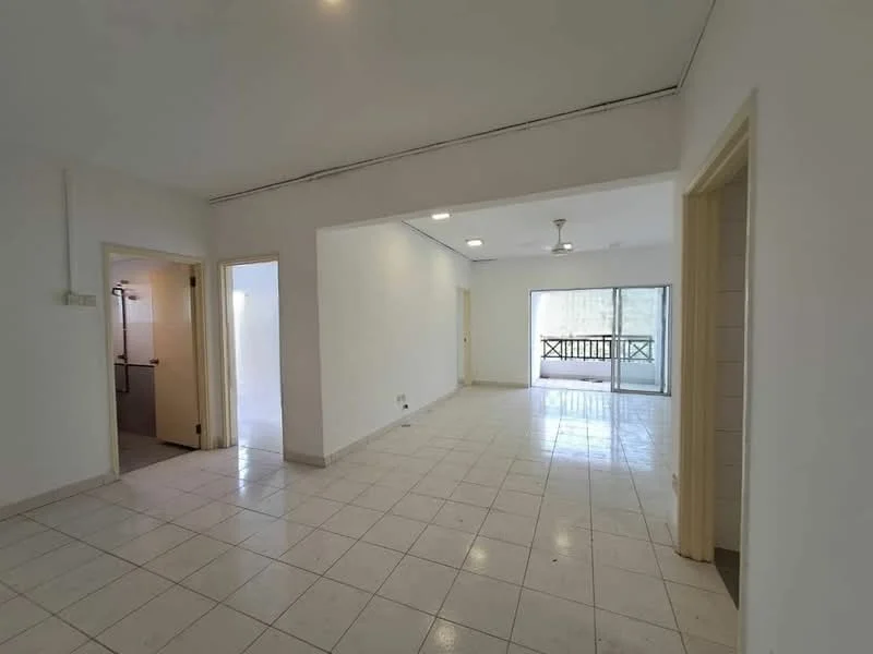 Living features: white painted walls, tile flooring, ceiling fan, sliding glass door, floor-to-ceiling windows, natural light, open layout, access to balcony; view: garden. Room features: white painted walls, tile flooring, doorway leading to bathroom, doorway leading to another room.