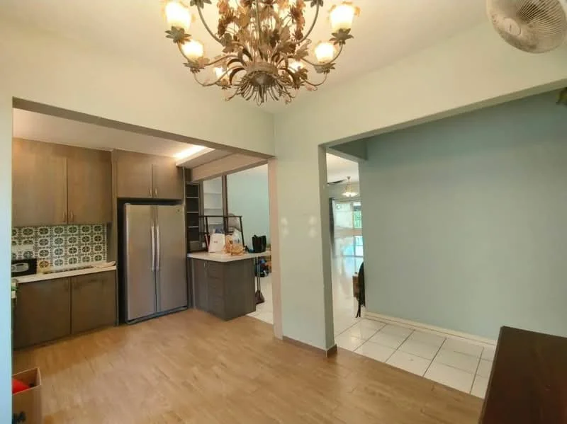Kitchen features: stainless-steel fridge, wood cabinetry, white countertop, decorative backsplash with geometric pattern, built-in shelves, ceramic tile flooring, 5-blade ceiling fan with light, chandelier, open layout to living area; style: modern. Room features: light blue painted walls, laminate flooring, ceiling fan.