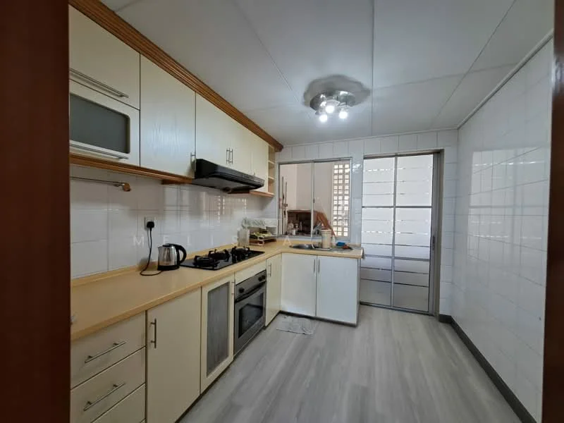 Kitchen features: light wood cabinetry, white tiled backsplash, stainless-steel built-in oven, stainless-steel gas hob, single-bowl stainless-steel sink, chrome pull-down faucet, countertop with wooden edge, recessed ceiling lights, grey vinyl plank flooring, sliding glass door, white wall tiles; style: modern.