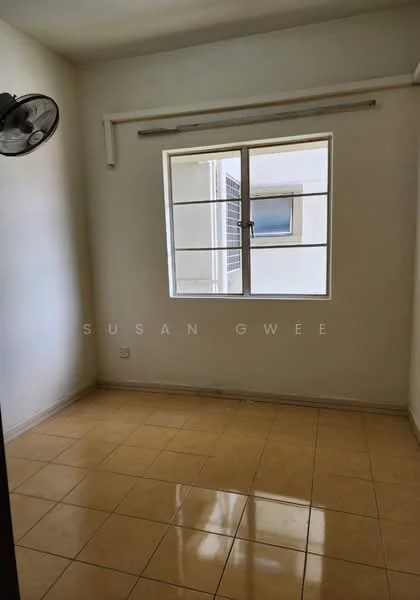 Room features: white painted walls, cream tiled flooring, single window, window with metal grille, light fixture on wall, no visible furniture, neutral decor, corner location; style: minimalist.