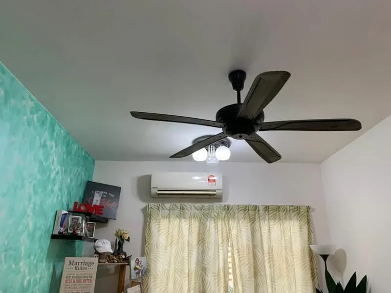 Room features: green accent wall with textured finish, white painted walls, 5-blade ceiling fan, wall-mounted split AC, floor-to-ceiling window with sheer curtains, wooden shelf with decorative items, houseplants in ceramic pots, lampshade floor lamp; style: modern.