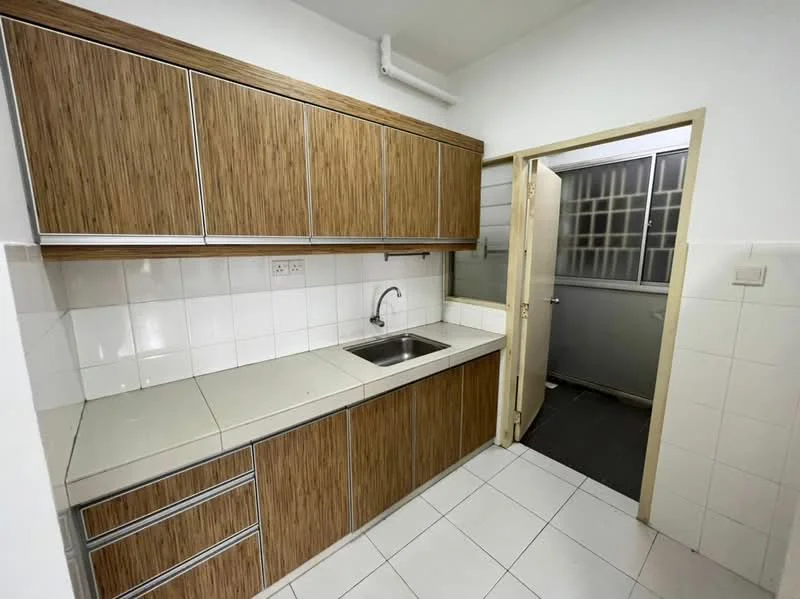 Kitchen features: brown wooden cabinetry, white tiled backsplash, grey countertop, single-bowl stainless-steel sink, chrome faucet, white tiled flooring, wall-mounted light fixture, door leading to utility area; style: modern.