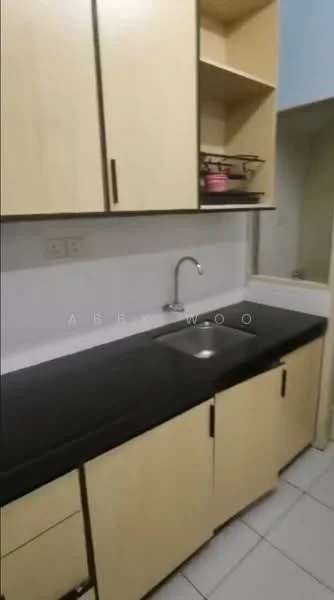 Kitchen features: black granite countertop, light wood cabinetry, single-bowl stainless-steel sink, chrome pull-down faucet, white tiled backsplash, wall-mounted shelves, ceramic tile flooring, under-cabinet lighting; style: modern.