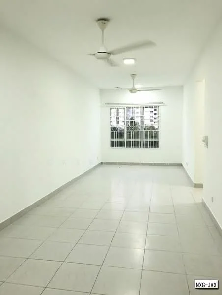 Living features: white painted walls, ceramic tile flooring, ceiling fan, recessed downlights, floor-to-ceiling windows, window treatments, neutral color palette, open layout; style: modern; view: city.