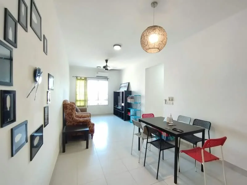 Living features: white painted walls, ceramic tile flooring, 5-blade ceiling fan with light, large window with sheer curtains, brown patterned armchair, black TV console, dining table with black surface, 4 dining chairs in different colors, decorative wall art, open layout; style: modern; view: city.