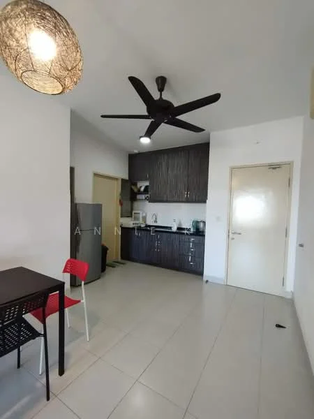 Kitchen features: dark wood cabinetry, white countertop, stainless-steel fridge, built-in oven, 4-burner gas hob, single-bowl stainless-steel sink, chrome pull-down faucet, white tiled backsplash, pendant light fixture, ceiling fan, tile flooring, dining table with black surface, red plastic dining chairs; style: modern.