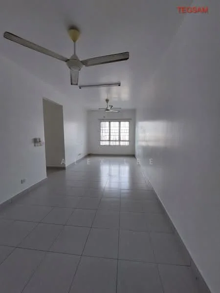 Room features: white painted walls, grey tiled flooring, 2 ceiling fans, large windows, natural light, open layout, no visible furniture, neutral color scheme; style: minimalist.