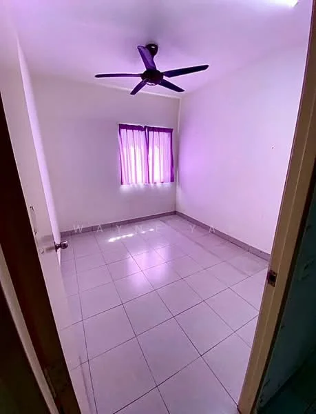 Room features: white painted walls, glossy ceramic tile flooring, ceiling fan, single window with purple curtains, no visible furniture.