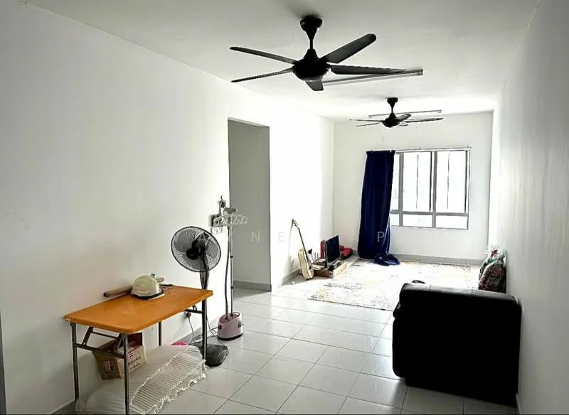 Living features: white painted walls, grey tiled flooring, 2 ceiling fans, floor-to-ceiling windows, blue curtain, black 2-seater sofa, wooden table, standing fan, area rug; style: minimalist.