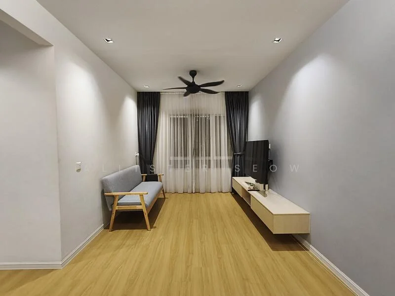 Living features: light wood flooring, white painted walls, 5-blade ceiling fan with light, floor-to-ceiling windows with sheer curtains, TV console in light wood, wall-mounted TV, grey fabric sofa, recessed downlights; style: modern.