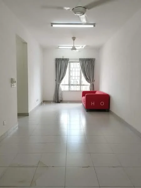 Living features: white painted walls, glossy tile flooring, ceiling fan, window with sheer curtains, red fabric sofa, natural light from window, neutral color scheme, minimalist decor; style: modern.