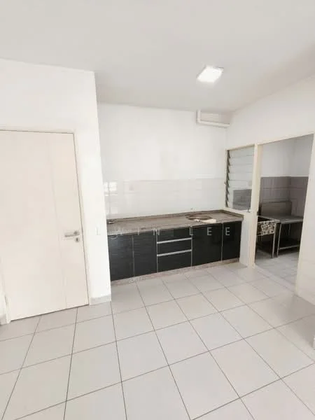 Kitchen features: black cabinetry, granite countertop, single-bowl stainless-steel sink, chrome pull-down faucet, built-in oven, freestanding range oven, white tiled backsplash, white walls, recessed downlights, ceramic tile flooring, wall-mounted split AC; style: modern. Room features: white walls, ceramic tile flooring.