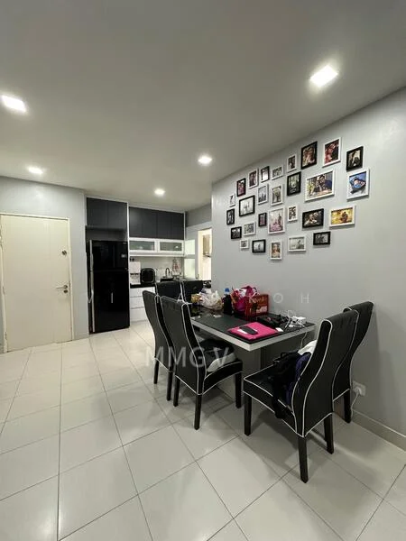Kitchen features: white cabinetry, black refrigerator, built-in oven, ceramic tile flooring, grey painted walls, recessed LED downlights, black dining table, 6 black upholstered dining chairs, wall-mounted photo gallery, white countertop, stainless-steel sink, chrome faucet; style: modern.