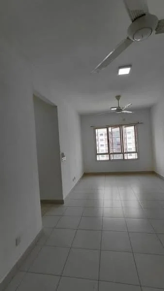 Room features: white painted walls, tile flooring, 5-blade ceiling fan, 2-blade ceiling fan, large windows with city view, window treatments, neutral color scheme, recessed lighting; style: modern; view: city.