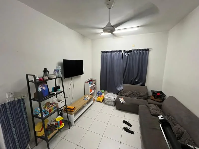 Living features: grey fabric sofa, 2-seater sofa, white TV console, wall-mounted TV, ceiling fan, grey curtains, white tiled flooring, shelving unit with various items, decorative items on shelves, slippers on floor; style: modern.