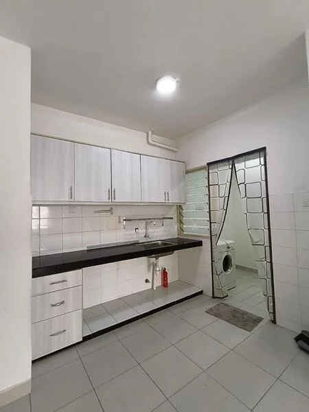 Kitchen features: white cabinetry, black countertop, stainless-steel sink, chrome pull-down faucet, built-in oven, ceramic tile flooring, recessed downlights, fire extinguisher, open shelving, laundry area visible through doorway; style: modern. Laundry features: front-load washing machine, ceramic tile flooring.