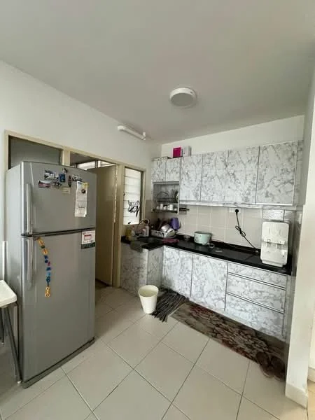 Kitchen features: grey marble countertop, white cabinets with marble pattern, stainless-steel fridge, built-in coffee machine, sink, wall-mounted cabinets, tile backsplash, ceramic tile flooring, window, doorway leading to another room, rug on the floor; style: modern.