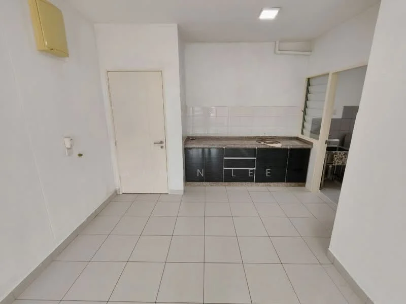 Kitchen features: white painted walls, tile flooring, granite countertop, black cabinetry, single-bowl stainless-steel sink, built-in kitchen cabinet, wall-mounted air conditioning unit, door leading to another room; style: modern.