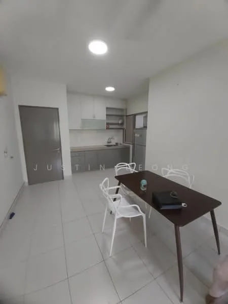 Kitchen features: white cabinets, grey countertop, stainless-steel sink, chrome pull-down faucet, built-in oven, freestanding fridge, ceramic tile flooring, recessed downlights, open shelving, dining table, white plastic chairs; style: modern.