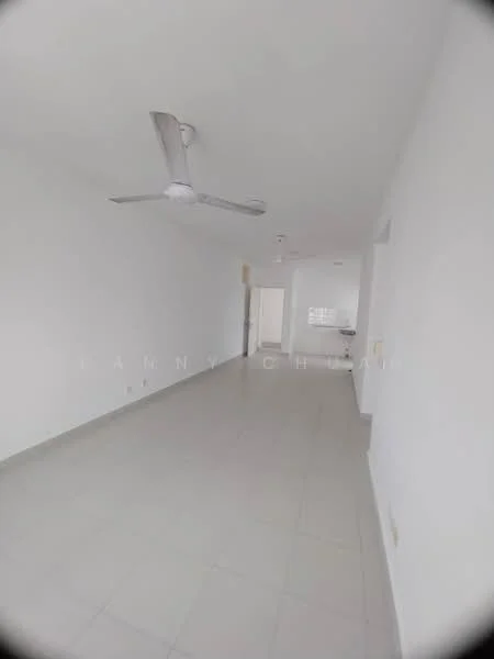 Room features: white painted walls, light grey floor tiles, 5-blade ceiling fan, recessed lighting, open layout, large windows, neutral decor, no visible furniture; style: modern.