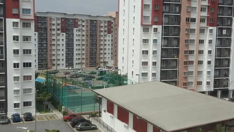 Exterior type: high-rise condominium; features: multiple high-rise buildings, swimming pool visible, tennis court, landscaped garden area, parking spaces, children's playground, manicured lawn, balconies on buildings, glass windows, red and white facade, outdoor recreational area; style: modern.