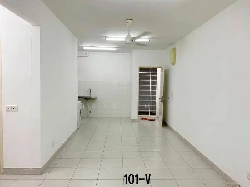 Room features: white painted walls, tile flooring, ceiling fan, fluorescent lighting, kitchenette with sink, door leading to another room, window with grille, open layout; style: modern.