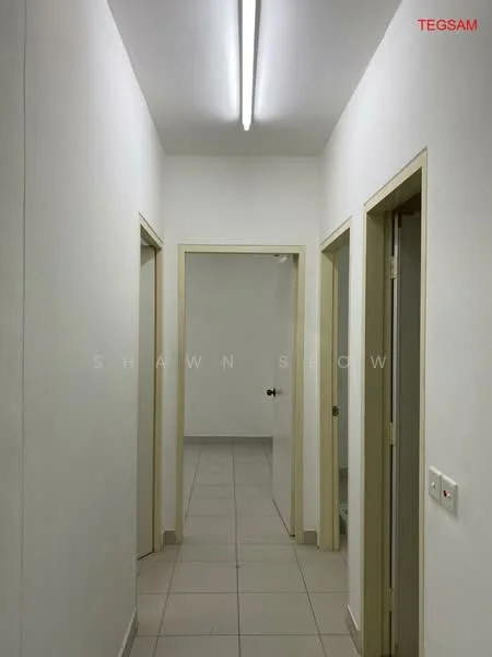 Hallway features: white painted walls, tile flooring, fluorescent ceiling lights, four doorways, neutral color trim, no visible decor; style: minimalist.