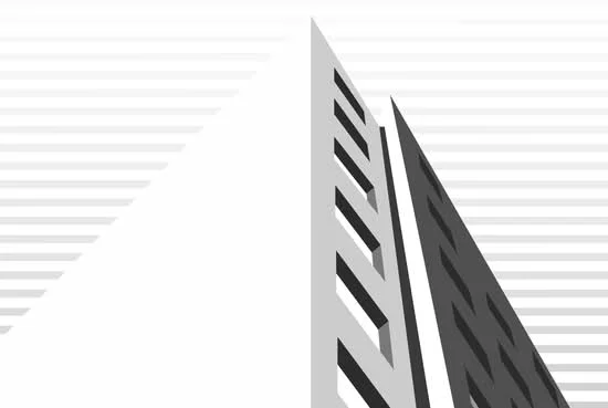 Exterior features: geometric facade, contrasting colors, angular design, vertical lines, flat roof, modern architectural style; style: modern.