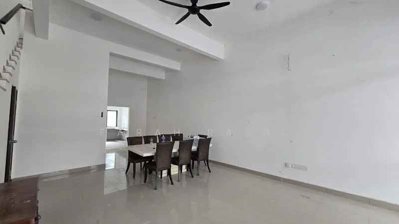 Dining features: dining table with chairs, white painted walls, ceiling with recessed downlights, 5-blade ceiling fan, tile flooring, large windows, open layout, neutral color scheme; style: modern. Room features: white painted walls, tile flooring, open layout, large windows.