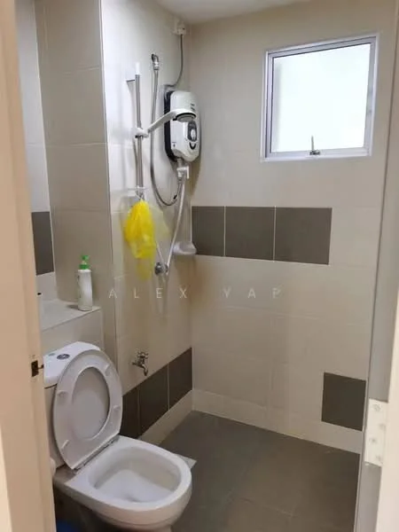 Bathroom features: white toilet, shower area with handheld shower, wall-mounted water heater, small window, grey tiled flooring, light beige wall tiles, dark grey accent tiles, sink with cabinet; style: modern.