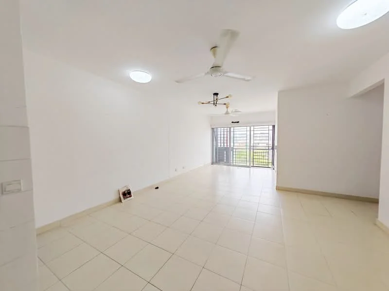 Living features: white painted walls, tile flooring, 5-blade ceiling fan, recessed downlights, sliding glass door, floor-to-ceiling windows, natural light from windows, open layout; style: modern; view: garden.