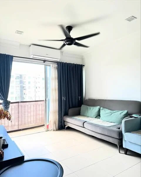 Living features: 3-seater fabric sofa in grey, decorative cushions in light blue, ceiling fan, floor-to-ceiling sliding glass door, curtains in dark blue, tile flooring, wall-mounted air conditioning unit, coffee table, wall with white painted walls; style: modern; view: city.