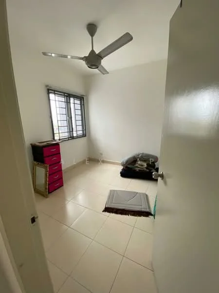 Room features: white painted walls, tiled flooring, ceiling fan, window with grille, blackout curtains, pink storage drawers, mattress on the floor, decorative rug; style: minimalist.