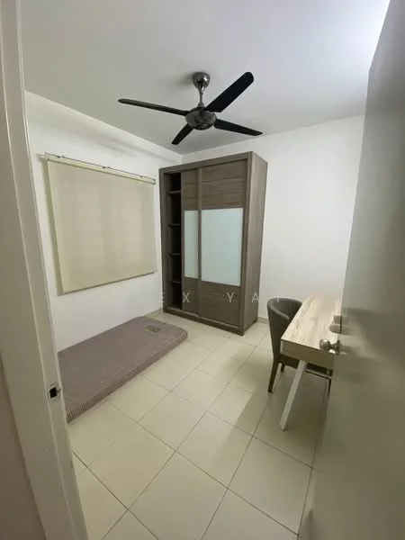 Bedroom features: single bed with mattress, built-in wardrobe with sliding doors, study desk with chair, ceiling fan, white painted walls, tile flooring, window with roller blinds, light fixture; style: modern.