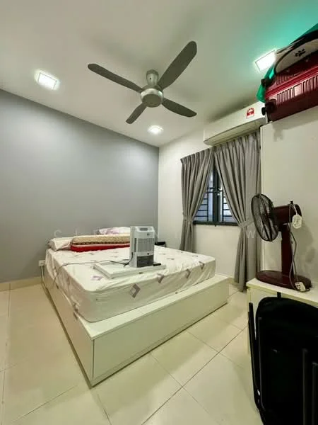 Bedroom features: queen-size bed, upholstered headboard, white bedding, ceiling fan with light, window with curtains, wall-mounted air conditioning unit, light grey painted walls, tile flooring, nightstand, table fan; style: modern.
