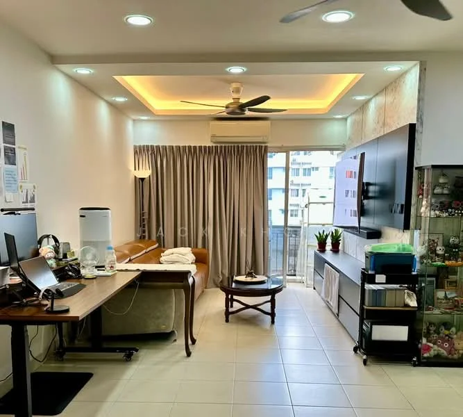 Living features: cream painted walls, tile flooring, tray ceiling with recessed lighting, 5-blade ceiling fan with light, floor-to-ceiling windows, curtains, sofa in beige, coffee table, TV console, wall-mounted TV, decorative shelving unit, air conditioning unit, decorative plants; style: modern; view: city.